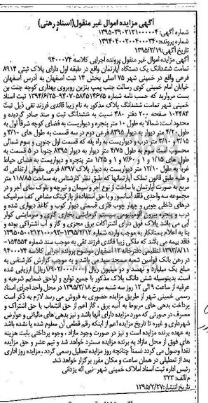 مزایده,مزایده تمامت ششدانگ اپارتمان در طبقه اول بخش 14