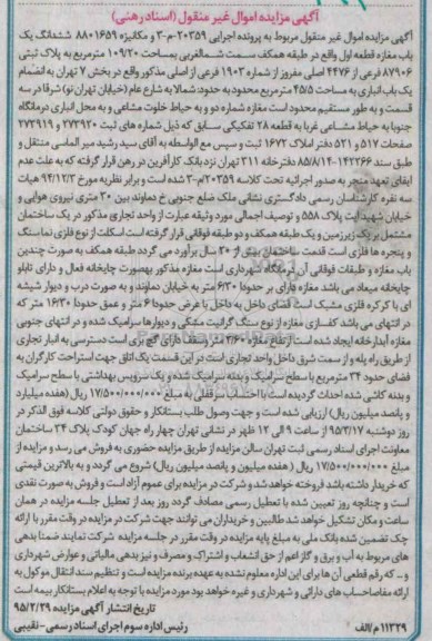 مزایده,مزایده ششدانگ یکباب مغازه قطعه اول طبقه همکف سمت شمال غربی