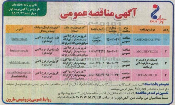 آگهی مناقصه عمومی , مناقصه carbonmolsieve