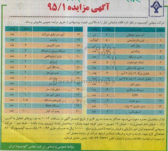 مزایده اقلام ضایعانی 