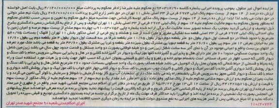 مزایده,مزایده 14 سهم از پلاک ثبتی بخش یازده تهران