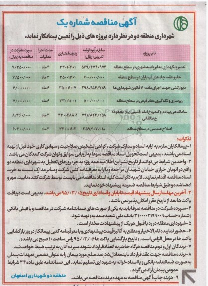 آگهی مناقصه, مناقصه تعمیر و نگهداری معابر و ابنیه شهری در سطح منطقه