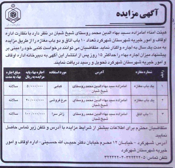 آگهی مزایده , مزایده تعداد 10 باب اتاق و دو باب مغازه