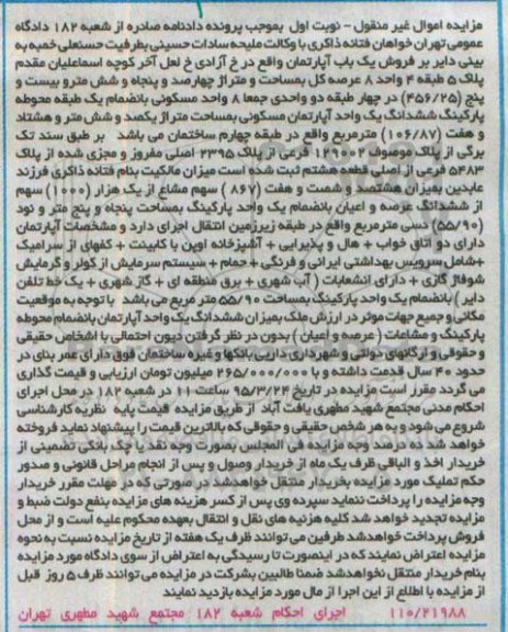 مزایده,مزایده یکباب اپارتمان میزان 867 سهم  از یک 1000سهم نوبت اول 