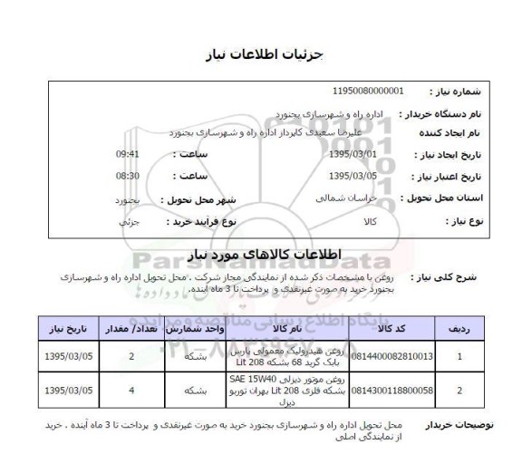 استعلام, استعلام روغن هیدرولیک معمولی پارس بابک گزید 68 بشکه LIT208