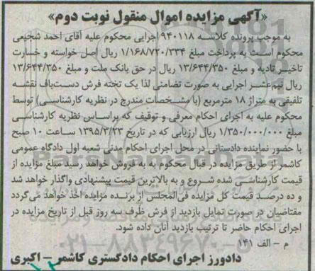 آگهی مزایده اموال منقول, مزایده فروش یک تخته فرش دست باف نقشه تلفیقی -نوبت دوم