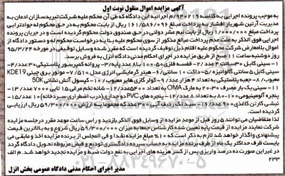 آگهی مزایده اموال منقول,مزایده فروش سینی کابل ، قفسه فلزی و ...  