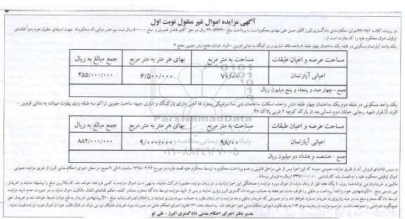 مزایده,مزایده یک واحد اپارتمان در طبقه یک ساختمان 4 طبقه نوبت اول 