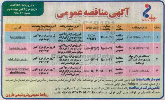 آگهی مناقصه عمومی , مناقصه carbonmolsieve- نوبت دوم 