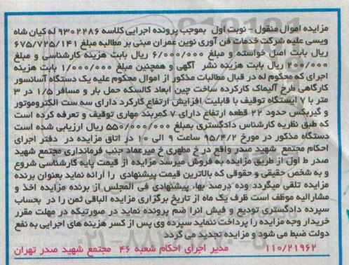 مزایده یک دستگاه آسانسور کارگاهی 