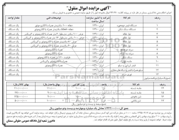 آگهی مزایده اموال منقول , مزایده فروش دستگاه فیدر دو محوره