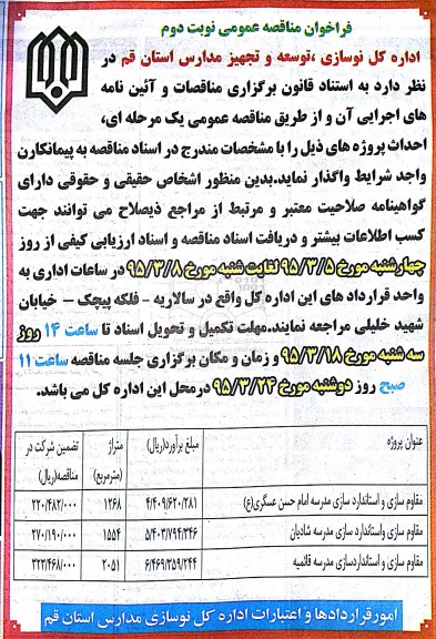 فراخوان مناقصه عمومی, مناقصه مقاوم سازی و استاندارد سازی مدرسه  نوبت دوم