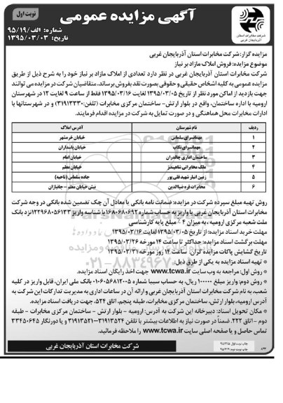 مزایده,مزایده فروش املاک مازاد بر نیاز نوبت اول 