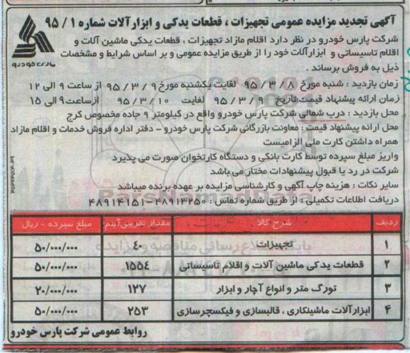 مزایده،آگهی تجدید مزایده عمومی تجهیزات ، قطعات یدکی و ابزارآلات