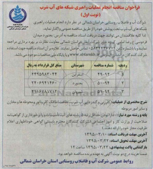 مناقصه انجام عملیات راهبری شبکه های آب شرب نوبت اول 