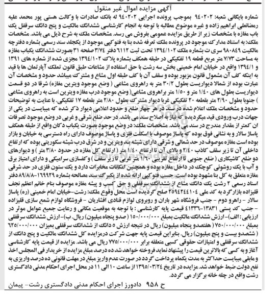 مزایده,مزایده ششدانگ مالکیت و 5 دانگ سرقفلی یکباب مغازه