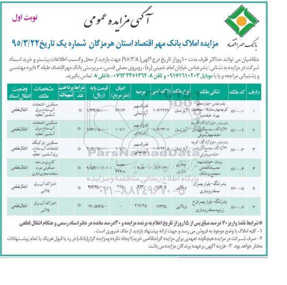 مزایده,مزایده املاک بانک مهر اقتصاد استان هرمزگان