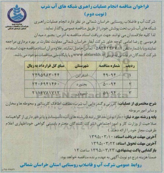 مناقصه انجام عملیات راهبری شبکه های آب شرب نوبت دوم