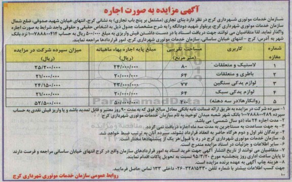 آگهی مزایده, مزایده واگذاری به اجاره بنای تجاری (مشتمل بر پنج باب تجاری)