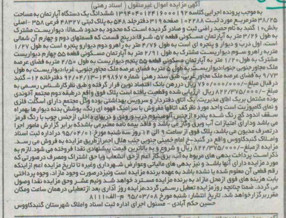 مزایده,مزایده ششدانگ اپارتمان بخش ده گنبد