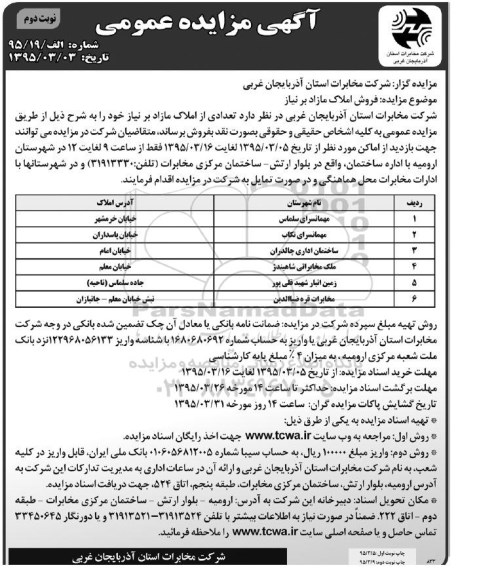 مزایده,مزایده فروش املاک مازاد بر نیاز نوبت دوم