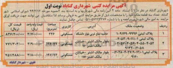 مزایده,مزایده فروش تعداد سه قطعه ملک کاربری مسکونی