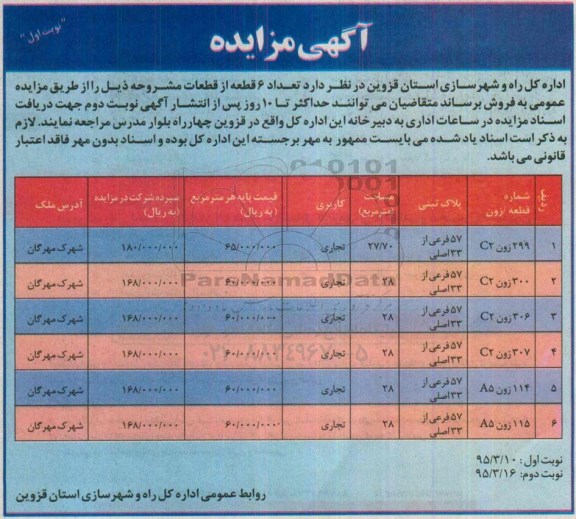 مزایده,مزایده فروش تعداد شش قطعه از قطعات