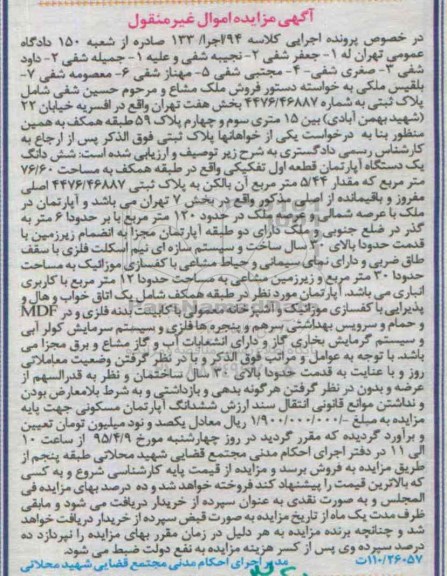 مزایده,مزایده ششدانگ اپارتمان واقع در طبقه همکف 