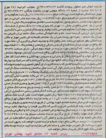 مزایده,مزایده میزان 2.125 دانگ مشاع از ششدانگ