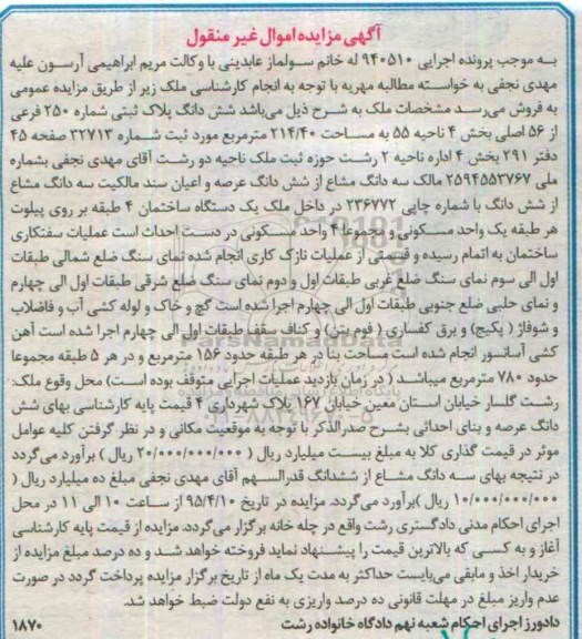 مزایده,مزایده ششدانگ پلاک ثبتی بخش 4 ناحیه 55