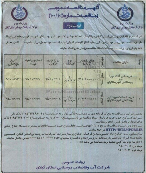 آگهی مناقصه عمومی,مناقصه خرید شیرآلات مورد نیاز  نوبت دوم 