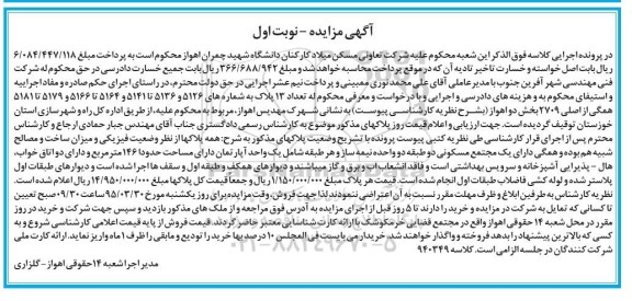 مزایده,مزایده تعداد 13 پلاک بخش دو اهواز نوبت اول 