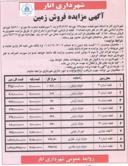 مزایده,مزایده فروش تعداد 11 قطعه از اراضی شهرداری 