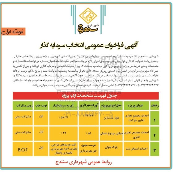 آگهی فراخوان عمومی انتخاب سرمایه گذار , فراخوان انتخاب سرمایه گذار جهت احداث مجتمع تجاری (هایپرمارکت)....
