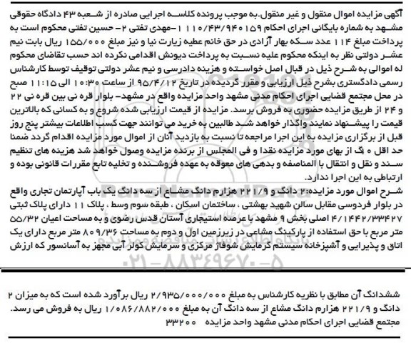 مزایده,مزایده دو دانگ و 221.9 هزارم دانگ مشاع از سه دانگ اپارتمان تجاری
