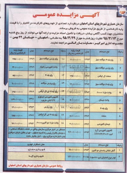 آگهی مزایده عمومی , مزایده تعدادی از خودروهای کار کرده 95.3.17