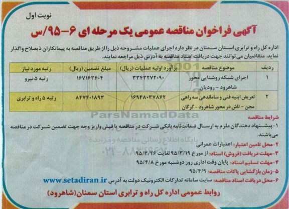 آگهی فراخوان مناقصه عمومی یک مرحله ای ، فراخوان مناقصه اجرای شبکه روشنایی ...