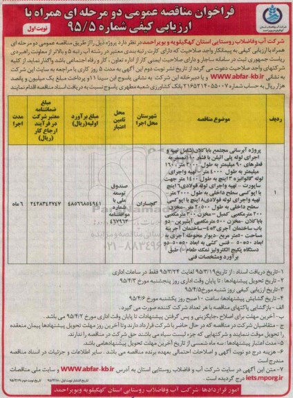 فراخوان مناقصه عمومی دو مرحله ای همراه با ارزیابی کیفی , فراخوان مناقصه پروژه آبرسانی مجتمع باباکلان (شامل تهیه و اجرای لوله پلی اتیلن ...