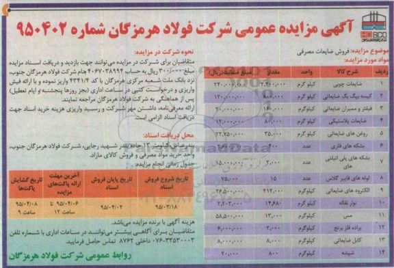 آگهی مزایده عمومی, مزایده فروش ضایعات مصرفی از قبیل ضایعات چوبی