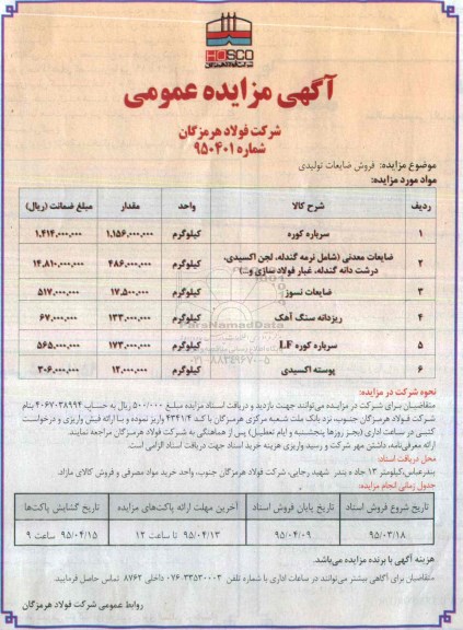آگهی مزایده عمومی, مزایده فروش ضایعات تولیدی از قبیل سرباره کوره و ...