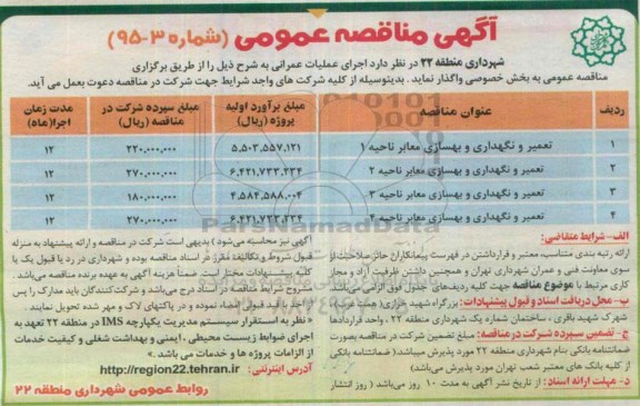 آگهی مناقصه , مناقصه تعمیر و نگهداری و بهسازی معابر ناحیه 1