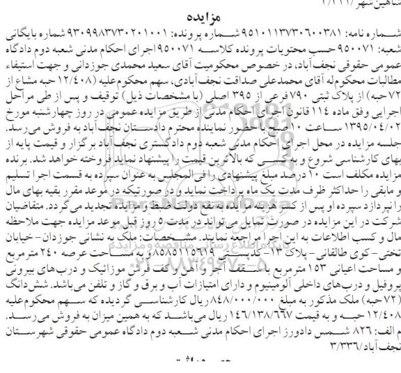 مزایده,مزایده 12.408 حبه مشاع از 72 حبه از پلاک ثبتی