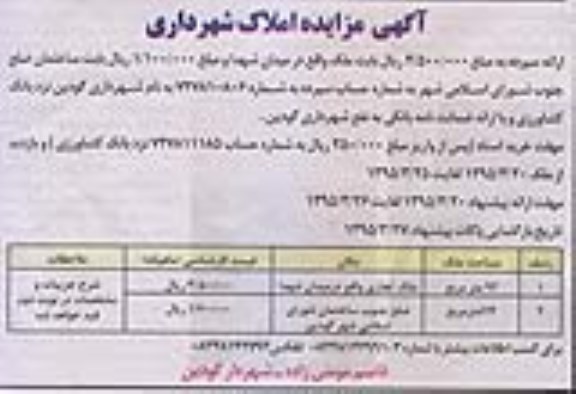 مزایده,مزایده املاک شهرداری شامل ملک تجاری و ضلع جنوب ساختمان شورای اسلامی