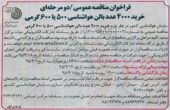 فراخوان مناقصه , فراخوان مناقصه خرید 4000 عدد بالن هواشناسی 500 یا 600 گرمی