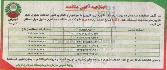 اصلاحیه مناقصه , مناقصه امور خدمات شهر- اصلاحیه 