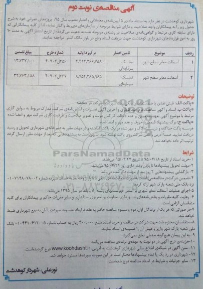 آگهی مناقصه،مناقصه  واگذاری آسفالت معابر سطح شهر  نوبت دوم 