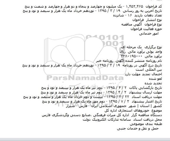 فراخوان مناقصه , فراخوان مناقصه خودروهای استجاری اداره کل