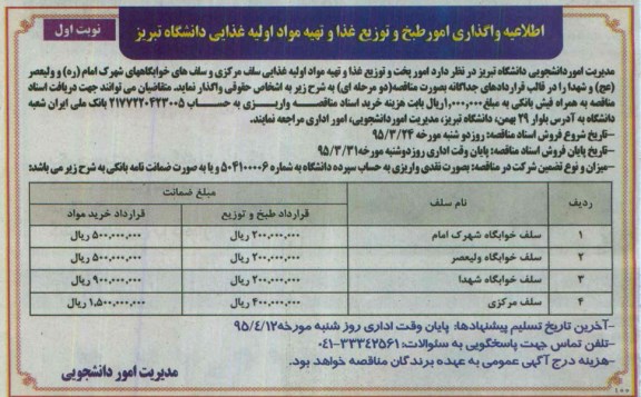 مناقصه امور پخت و توزیع  غذا و تهیه مواد اولیه غذایی سلف مرکزی  ...