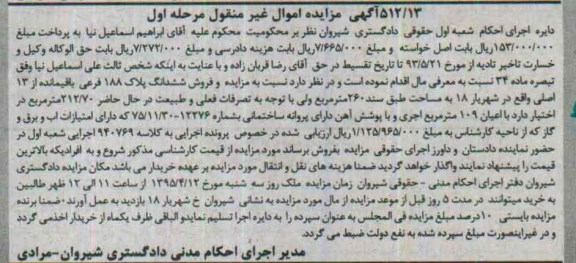 مزایده,مزایده ششدانگ پلاک 188  فرعی باقی مانده از سیزده اصلی 