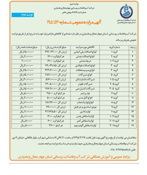 آگهی مزایده عمومی , مزایده انواع اتصالات پلی اتیلنی نوبت دوم